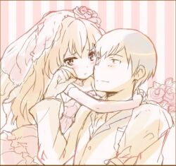  1boy aisaka_taiga black_hair border bouquet brown_eyes brown_hair commentary_request couple dress elbow_gloves female flower gloves hug long_hair shirotaka_(shirotaka) short_hair straight takasu_ryuuji toradora! tuxedo wedding_dress 