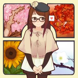  beret black_pantyhose braid brown_eyes brown_hair cherry_blossoms commentary_request female fish flower glasses goldfish hat heart highres leaf long_hair maple_leaf original oza_watto pantyhose seasons single_braid solo spoken_heart sunflower 