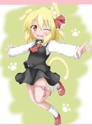  animal_ears ascot bad_id bad_pixiv_id bell blonde_hair blush cat_ears cat_tail female hair_ribbon highres kemonomimi_mode leg_ribbon letterboxed oden_(th-inaba) oerba_yun_fang one_eye_closed open_mouth outstretched_arms paw_print red_eyes ribbon rumia shirt short_hair skirt skirt_set smile solo tail touhou vest 