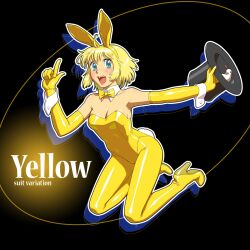  animal_ears bird blonde_hair blue_eyes bow bowtie commentary_request detached_collar dove elbow_gloves female fukusuke_hachi-gou gloves hat highres original pantyhose playboy_bunny rabbit_ears short_hair solo top_hat wrist_cuffs yellow_pantyhose yellow_theme 