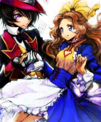  1boy apron black_hair blue_dress blue_eyes bow brother_and_sister brown_hair c_(rahit) card cleavage_cutout clothing_cutout code_geass code_geass:_nunnally_in_wonderland commentary_request corset dress female floating_card gloves hair_ornament hairbow hat heart heart_cutout holding_hands jacket lelouch_vi_britannia light_smile long_hair necktie nunnally_vi_britannia playing_card purple_eyes short_dress siblings unusually_open_eyes waist_apron waistcoat white_gloves 