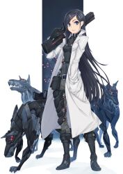  ayaki black_hair blue_eyes canine commentary_request cyborg female gun hair_ornament hairclip hand_in_pocket highres lab_coat long_hair original rifle smile solo trigger_discipline very_long_hair weapon 