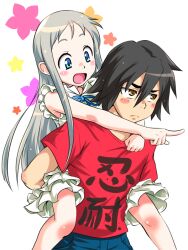  1boy ano_hi_mita_hana_no_namae_wo_bokutachi_wa_mada_shiranai. black_hair blue_eyes carrying casual commentary_request dress female grey_hair honma_meiko kobaman long_hair photoshop_(medium) piggyback shirt short_hair sleeveless sleeveless_dress t-shirt yadomi_jinta 