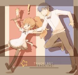  ! 1boy aisaka_taiga alternate_hairstyle blue_hair brown_eyes brown_hair commentary_request cosplay female hair_ribbon long_hair open_mouth parfait parody ponytail ribbon shirotaka_(shirotaka) short_hair takasu_ryuuji thighhighs toradora! tray tripping waiter waitress working!! 