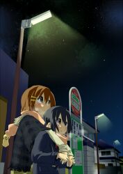  2girls black_hair breath brown_eyes brown_hair building bus_stop bus_stop_sign coat commentary_request double-parted_bangs hair_ornament hairclip hairpin hamioura hirasawa_yui holding_hands house hug hug_from_behind k-on! lamppost light_blush long_hair long_sleeves looking_up multiple_girls multiple_hairpins nakano_azusa neck_ribbon night open_mouth outdoors pink_scarf red_ribbon ribbon sakuragaoka_high_school_uniform scarf school_uniform shared_clothes shared_scarf short_hair sky star_(sky) starry_sky steam twintails upper_body winter 