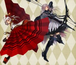  2girls absurdres ahoge argyle_background armor arrow_(projectile) berlinetta_(pixiv_fantasia) bob_cut bow_(weapon) chinese_commentary commentary_request folding_fan geta grey_hair h2so4kancel hand_fan highres japanese_clothes kimono long_hair multiple_girls photoshop_(medium) pixiv_fantasia pixiv_fantasia_5 red_eyes weapon white_hair yellow_eyes 