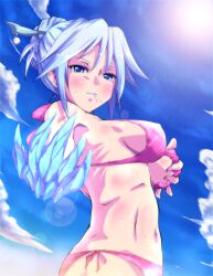  bikini blue_eyes blue_hair blush breasts candy claws cloud commentary_request day female food hair_bun hair_ornament highres ice lens_flare lollipop mature_female medium_breasts navel ouryoku_(o-ryoku) outdoors pink_bikini rosario+vampire shirayuki_tsurara side-tie_bikini_bottom sideboob single_hair_bun sky solo swimsuit 