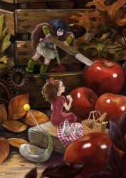  1boy apple arrietty bad_id bad_pixiv_id bag basket bread clothes_pin dress fatlulu_(1008) female food fruit gears karigurashi_no_arrietty knife leaf mini_person miniboy minigirl photoshop_(medium) ponytail red_dress sewing_pin sitting spiller teapot 