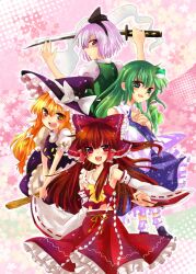  4girls ascot back blonde_hair blue_eyes blush bow braid broom brown_eyes brown_hair commentary_request detached_sleeves frog gohei green_eyes green_hair grey_hair hair_ornament hair_ribbon hair_tubes hairband hairbow hakurei_reimu hat highres hitodama katana kirisame_marisa kochiya_sanae konpaku_youmu konpaku_youmu_(ghost) long_hair multiple_girls nekoko_(mono96) open_mouth ribbon short_hair skirt smile snake sword touhou vest weapon witch_hat yellow_eyes 