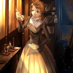  bad_id bad_pixiv_id bookshelf breasts brown_hair chemist chemistry desk dress erlenmeyer_flask female flask green_eyes long_dress long_sleeves medium_breasts original science shijima_(tanfn) short_hair solo 