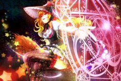  adapted_costume belt blonde_hair breasts broom cleavage commentary_request crossed_legs dress female hat i_wanna kirisame_marisa magic_circle medium_breasts open_mouth pointing sitting smile solo star_(symbol) thighhighs touhou witch_hat yellow_eyes 