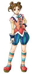  bell belle_(suikoden) blue_shorts brown_eyes brown_hair female full_body gensou_suikoden gensou_suikoden_iii hand_on_own_hip ishikawa_fumi multicolored_clothes multicolored_legwear multicolored_stripes official_art shoes short_hair shorts smile socks solo striped_clothes striped_socks tachi-e twintails vertical_stripes 