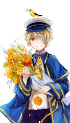  1boy agent_no.9 animal animal_on_head bandage_over_one_eye bird bird_on_head blonde_hair bouquet commentary_request flower hat highres james_(vocaloid) male_focus oliver_(vocaloid) on_head sailor sailor_hat simple_background smile solo vocaloid yellow_eyes 