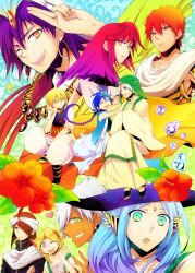  aladdin_(magi) ali_baba_saluja blonde_hair blue_hair braid brown_hair bubble colorful commentary_request diadem earrings flower green_eyes hakyou_(hakyo) hibiscus hoop_earrings ja&#039;far_(magi) jewelry magi_the_labyrinth_of_magic masrur morgiana multiple_boys multiple_girls one_eye_closed pisti purple_hair red_hair sharrkan sinbad_(magi) single_braid spartos white_hair yamuraiha yellow_eyes 