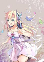  blonde_hair blue_butterfly boku_wa_tomodachi_ga_sukunai breasts bug butterfly butterfly_hair_ornament cleavage collarbone commentary_request dress female green_eyes hair_ornament kashiwazaki_sena long_hair medium_breasts open_mouth photoshop_(medium) plant solo zhao_shuwen 