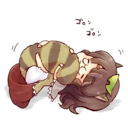  :3 =_= animal_ears brown_hair chibi closed_eyes commentary_request female futatsuiwa_mamizou glasses hugging_own_tail hugging_tail leaf leaf_on_head lowres raccoon_ears raccoon_tail sen1986 solo tail tail_on_face touhou 