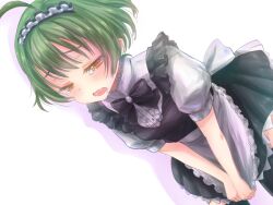  akizuki_ryou antenna_hair apron bad_id bad_pixiv_id black_legwear blush bow brown_eyes crossdressing green_hair idolmaster idolmaster_dearly_stars kasu1192 maid maid_headdress male_focus open_mouth otoko_no_ko saliva short_hair skirt skirt_pull skirt_tug solo tears thighhighs 