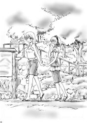  2girls alternate_costume arm_up bag blush camisole casual closed_eyes commentary_request covering_own_mouth digital_media_player eila_ilmatar_juutilainen greyscale hand_over_own_mouth headphones holding_hands long_hair masana_hatuse midriff monochrome multiple_girls navel open_mouth sandals sanya_v._litvyak short_hair shorts strike_witches world_witches_series yawning 