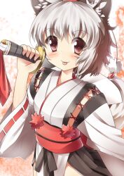  :p animal_ears bad_id bad_pixiv_id blush female grey_hair hat inubashiri_momiji japanese_clothes kourindou_tengu_costume no_bra obi over_shoulder sash short_hair smile solo supershiruco sword tail tokin_hat tongue tongue_out touhou upper_body weapon wolf_ears wolf_tail 