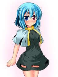  blue_eyes blue_hair blush breasts capelet commentary_request cosplay dress female heterochromia ichimi nazrin nazrin_(cosplay) photoshop_(medium) red_eyes short_hair simple_background small_breasts smile solo tatara_kogasa touhou 