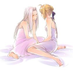  2girls ^_^ ahoge artoria_pendragon_(fate) bare_shoulders barefoot bed blonde_hair closed_eyes commentary_request doudoude_dou dress fate/zero fate_(series) feet full_body hair_ribbon highres irisviel_von_einzbern long_hair multiple_girls ribbon saber_(fate) sitting smile wariza white_background white_hair white_theme 