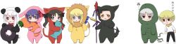  3boys 4girls :t animal_costume artoria_pendragon_(fate) b-cat black_eyes black_hair blonde_hair blue_eyes brown_hair carrot cat_costume chibi commentary_request crest_worm diarmuid_ua_duibhne_(lancer)_(fate) fate/zero fate_(series) fish gae_buidhe_(fate) gae_dearg_(fate) gilgamesh_(fate) heterochromia highres illyasviel_von_einzbern lion_costume matou_kariya matou_sakura mole mole_under_eye multiple_boys multiple_girls panda_costume photoshop_(medium) polearm purple_eyes purple_hair rabbit_costume red_eyes saber_(fate) spear tears tohsaka_rin wavy_mouth weapon white_hair wide_image wolf_costume yellow_eyes 