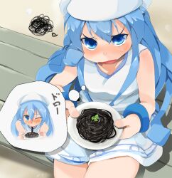  black_spaghetti blue_eyes blue_hair blush commentary_request dress female food from_above hat ikamusume ink long_hair looking_at_viewer looking_up open_mouth pasta photoshop_(medium) rakkogawa_rinro shinryaku!_ikamusume sitting solo spaghetti squiggle sweatdrop tentacle_hair thought_bubble 