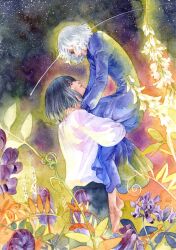  1boy black_hair blue_dress carrying chernotrav commentary dress female flower howl_(howl_no_ugoku_shiro) howl_no_ugoku_shiro photoshop_(medium) shirt sophie_(howl_no_ugoku_shiro) traditional_media white_hair white_shirt 