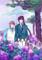  2boys alternate_costume bad_id bad_pixiv_id belt briefcase dress_shirt flower formal hydrangea jiang_wei kyuuta_(dmmdsjwyx) multiple_boys necktie photoshop_(medium) rain ribbon shin_sangoku_musou shirt suit sweater tree umbrella xiahou_ba 