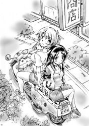  2girls aged_up belt breasts casual charlotte_e._yeager commentary_request francesca_lucchini greyscale hair_down headphones jacket long_hair looking_back masana_hatuse medium_breasts monochrome motor_vehicle motorcycle multiple_girls shorts sitting small_breasts strike_witches world_witches_series 