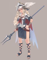  armor bident blonde_hair commentary_request female head_wings helmet original polearm red_eyes sailor_collar sandals skirt solo spear valkyrie weapon weno wings 