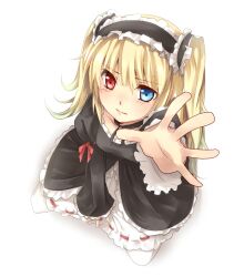  bad_id bad_pixiv_id blonde_hair blue_eyes boku_wa_tomodachi_ga_sukunai dress female gothic_lolita hair_ornament hairband hasegawa_kobato heterochromia kneeling lolita_fashion lolita_hairband long_hair red_eyes sakura_ran solo two_side_up 