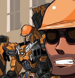  1boy crossover engineer_(tf2) facial_hair goggles gunleon helmet mecha photoshop_(medium) robot stubble super_robot_wars super_robot_wars_z super_robot_wars_z1 team_fortress_2 