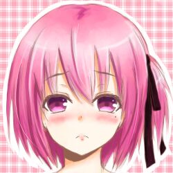  0ya13 blush commentary_request female minato_tomoka mole mole_under_eye one_side_up portrait purple_eyes purple_hair ribbon rou-kyuu-bu! short_hair solo 