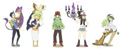  2girls 3boys ^_^ ahoge bare_legs baseball_cap bianca_(pokemon) black_hair brown_hair carrying chandelure cheren_(pokemon) closed_eyes commentary_request denim denim_shorts glasses green_hair hat heart highres hilbert_(pokemon) hilda_(pokemon) liepard multiple_boys multiple_girls n_(pokemon) orange_pantyhose pantyhose pokemon pokemon_(creature) pokemon_bw reuniclus sei_(shinkai_parallel) shorts simple_background stoutland stunfisk sweat vest wristband 