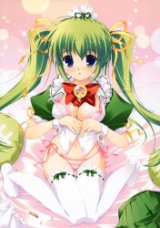  :o absurdres bed_sheet blush bow bra female green_hair highres lingerie long_hair mascot melon-chan melonbooks mikeou open_clothes open_shirt panties pink_panties shirt side-tie_panties solo thighhighs twintails underwear white_thighhighs wrist_cuffs yellow_bow 