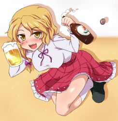  alcohol beer beer_mug beerko blonde_hair blush bottle bottle_cap breasts commentary_request covered_nipples cup female full_body hair_ribbon holding holding_cup lace medium_breasts mug open_mouth original photoshop_(medium) plaid ribbon sama_samasa shirt shoes short_hair simple_background skirt smile socks solo white_shirt white_socks yellow_eyes 