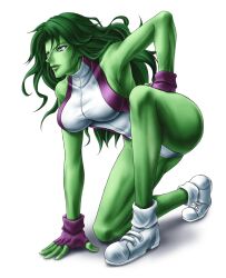  breasts colored_skin commentary_request female fingerless_gloves gloves green_eyes green_hair green_skin hand_on_thigh jennifer_walters large_breasts leotard long_hair loose_socks marvel nose on_one_knee purple_leotard she-hulk shimusu shoes sideboob sneakers socks solo taut_clothes white_leotard 