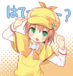  brown_hair commentary_request female flat_chest green_eyes halftone halftone_background hat karaage3 orange_background short_hair solo tantei_opera_milky_holmes translation_request yellow_theme yuzurizaki_nero 