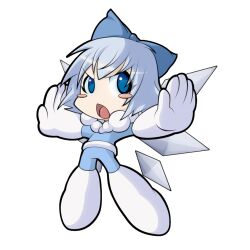  blue_eyes blue_hair blush_stickers bow chibi chuunioniika cirno commentary english_commentary fairy fairy_wings female full_body gloves hairbow ice_man mega_man:_powered_up mega_man_(classic) mega_man_(series) open_mouth outstretched_arms parody solo spread_arms style_parody touhou transparent_background white_hair wings 