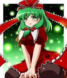  arm_support black_thighhighs blush bow breasts commentary_request dress female frills front_ponytail green_eyes green_hair hair_ribbon highres kagiyama_hina kamelie kneeling long_hair looking_at_viewer medium_breasts open_mouth red_dress ribbon smile solo squatting thighhighs touhou v_arms 