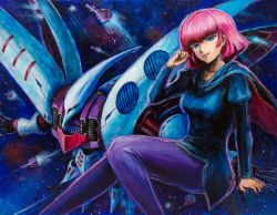  arm_support blue_eyes cape commentary_request female gundam gundam_zz haman_karn head_tilt mecha oil_painting_(medium) painting_(medium) pantyhose pink_hair qubeley robot space tafuto traditional_media zeta_gundam 