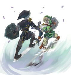  2boys armor battle belt blonde_hair blue_eyes chainmail commentary_request dark_link dual_persona duel gloves grey_hair hat highres link male_focus multiple_boys petals ruri_(rukiafile) sheath shield standing_on_object sword the_legend_of_zelda the_legend_of_zelda:_ocarina_of_time water weapon 