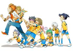  6+boys aged_up bad_id bad_pixiv_id blue_hair brown_hair clothes_pull endou_mamoru green_eyes hamano_kaiji hayami_tsurumasa inazuma_eleven_(series) inazuma_eleven_go kageyama_hikaru kariya_masaki kirino_ranmaru kurama_norihito long_hair male_focus matsukaze_tenma multiple_boys nishizono_shinsuke panties pulling pulling_another&#039;s_clothes raimon raimon_soccer_uniform shindou_takuto shorts shorts_pull soccer_uniform sportswear tears tsurugi_kyousuke twintails underwear white_background zanunoneko 