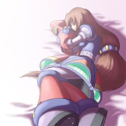  artist_request bed beret brown_hair closed_eyes hat iris_(rockman_x) long_hair lowres rockman rockman_x rockman_x4 skirt sleeping 