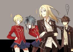  ... 4boys bad_id bad_pixiv_id blonde_hair blue_eyes brown_hair crossdressing crossed_arms daryl_yan grey_hair guilty_crown hand_on_own_hip kido_kenji long_hair male_focus multiple_boys necktie otoko_no_ko ouma_shuu pantyhose purple_eyes school_uniform short_hair skirt thighhighs tsutsugami_gai yantou828 