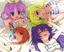  2g50000 4girls bikini blonde_hair blue_eyes blue_hair brown_hair commentary_request cordelia_glauca food green_eyes hercule_barton long_hair lying multiple_girls pink_hair popsicle sherlock_shellingford short_hair swimsuit tantei_opera_milky_holmes twintails yuzurizaki_nero 