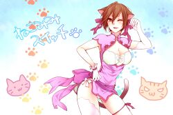  animal_ears bad_id bad_pixiv_id breasts brown_eyes brown_hair cat_ears cleavage cosplay elbow_gloves female gloves hair_ribbon kemonomimi_mode medium_breasts meiko_(vocaloid) muro_(ninimohu) one_eye_closed project_diva_(series) project_diva_extend ribbon shaomei_rin shaomei_rin_(cosplay) shining_(series) shining_hearts short_hair smile solo thighhighs vocaloid 