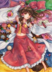  arm_up armpits bad_id bad_pixiv_id ball barefoot bow brown_eyes brown_hair detached_sleeves female hair_tubes hairbow hakurei_reimu kendama long_hair lying midriff mouth_hold navel ne-on on_back painting_(medium) paper_balloon rattle_drum red_skirt ribbon shirt skirt skirt_set solo touhou toy traditional_media water watercolor_(medium) 