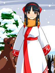  ainu_clothes bear black_hair bow brown_eyes commentary_request female hairband hairbow long_hair nakoruru qkat_(arikawa-dou) samurai_spirits scarf sidelocks snow 